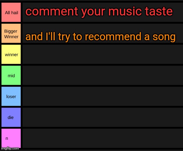 yoshi's tier list | comment your music taste; and I'll try to recommend a song | image tagged in yoshi's tier list | made w/ Imgflip meme maker