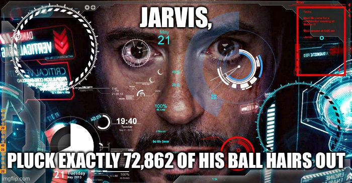 Jarvis | JARVIS, PLUCK EXACTLY 72,862 OF HIS BALL HAIRS OUT | image tagged in jarvis | made w/ Imgflip meme maker