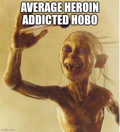 drug addict gollum | AVERAGE HEROIN ADDICTED HOBO | image tagged in drug addict gollum | made w/ Imgflip meme maker