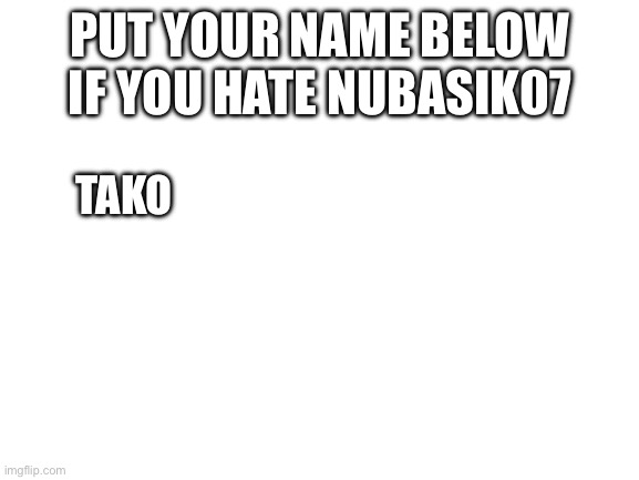 Blank White Template | PUT YOUR NAME BELOW IF YOU HATE NUBASIK07; TAKO | image tagged in blank white template | made w/ Imgflip meme maker