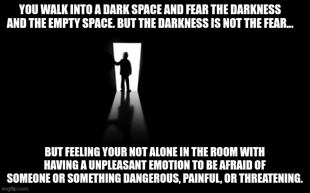 Fear that you are not alone in the dark room and empty space! | YOU WALK INTO A DARK SPACE AND FEAR THE DARKNESS AND THE EMPTY SPACE. BUT THE DARKNESS IS NOT THE FEAR... BUT FEELING YOUR NOT ALONE IN THE ROOM WITH HAVING A UNPLEASANT EMOTION TO BE AFRAID OF SOMEONE OR SOMETHING DANGEROUS, PAINFUL, OR THREATENING. | image tagged in dark room,fear,fun | made w/ Imgflip meme maker