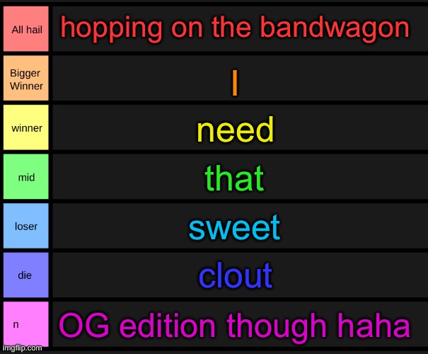 yoshi's tier list | hopping on the bandwagon; I; need; that; sweet; clout; OG edition though haha | image tagged in yoshi's tier list | made w/ Imgflip meme maker