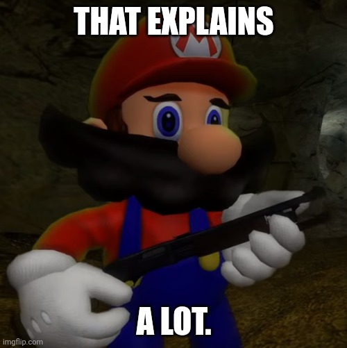 Mario with Shotgun | THAT EXPLAINS A LOT. | image tagged in mario with shotgun | made w/ Imgflip meme maker