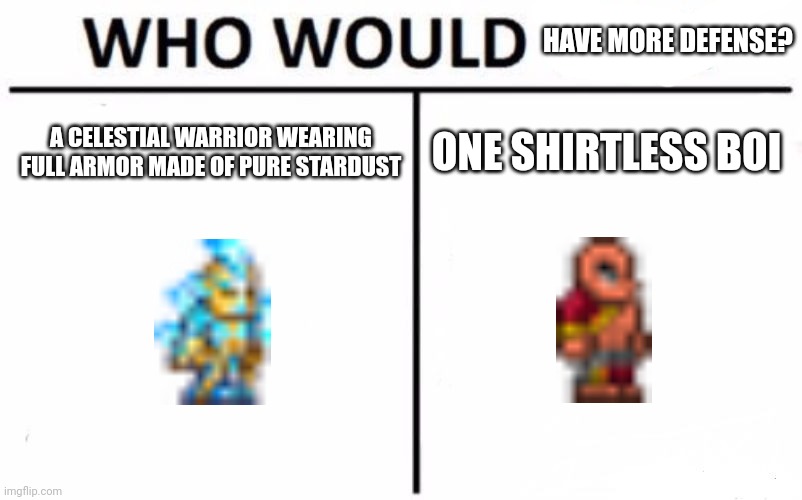 Terraria (il)logic | HAVE MORE DEFENSE? A CELESTIAL WARRIOR WEARING FULL ARMOR MADE OF PURE STARDUST; ONE SHIRTLESS BOI | image tagged in memes,who would win | made w/ Imgflip meme maker