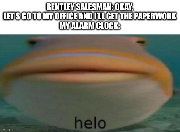 I wish :( | BENTLEY SALESMAN: OKAY, LET’S GO TO MY OFFICE AND I’LL GET THE PAPERWORK
MY ALARM CLOCK: | image tagged in helo,bentley,car,alarm clock,relatable,why are you reading the tags | made w/ Imgflip meme maker