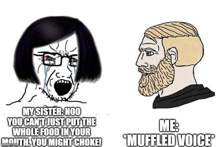 Pls don't make fun of me. | ME: *MUFFLED VOICE*; MY SISTER: NOO YOU CAN'T JUST PUT THE WHOLE FOOD IN YOUR MOUTH. YOU MIGHT CHOKE! | image tagged in soyboy vs yes chad | made w/ Imgflip meme maker