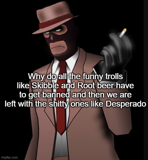 Why do all the funny trolls like Skibble and Root beer have to get banned and then we are left with the shitty ones like Desperado | made w/ Imgflip meme maker