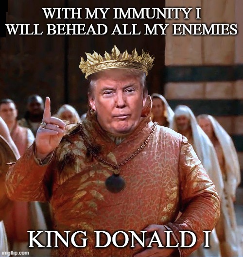 Game of Thrones sequel coming in 2025! | WITH MY IMMUNITY I WILL BEHEAD ALL MY ENEMIES; KING DONALD I | image tagged in donald trump,king,game of thrones,immunity | made w/ Imgflip meme maker