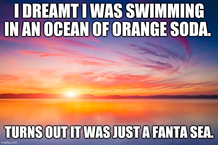 fanta sea | I DREAMT I WAS SWIMMING IN AN OCEAN OF ORANGE SODA. TURNS OUT IT WAS JUST A FANTA SEA. | image tagged in puns | made w/ Imgflip meme maker