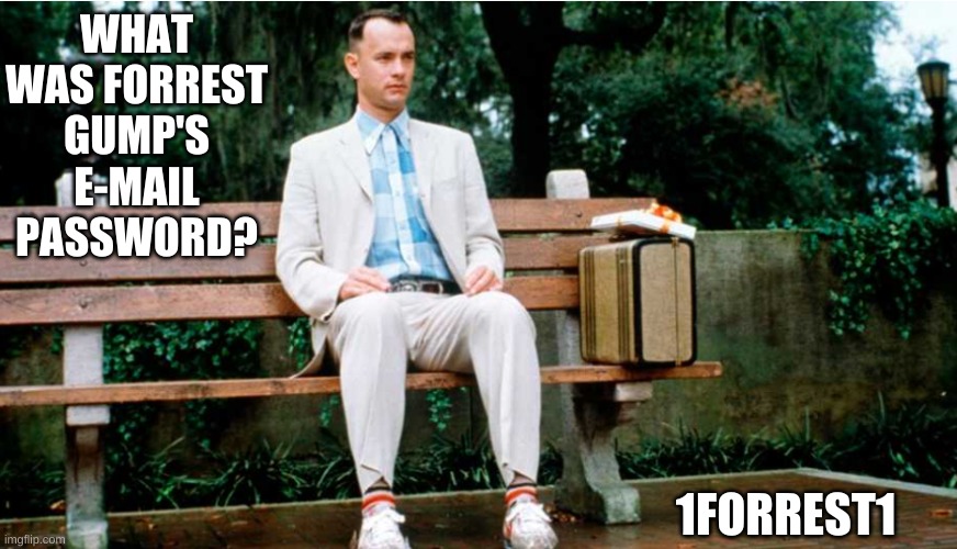 forrest gump | WHAT WAS FORREST GUMP'S E-MAIL PASSWORD? 1FORREST1 | image tagged in puns | made w/ Imgflip meme maker