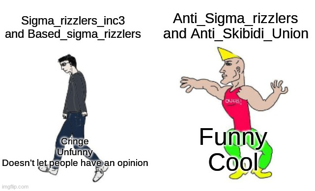 Virgin vs Chad | Sigma_rizzlers_inc3 and Based_sigma_rizzlers Anti_Sigma_rizzlers and Anti_Skibidi_Union Cringe
Unfunny
Doesn't let people have an opinion Fu | image tagged in virgin vs chad | made w/ Imgflip meme maker