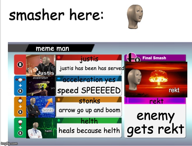 meme man in smash | meme man; justis; justis has been has served; acceleration yes; speed SPEEEEED; stonks; rekt; arrow go up and boom; enemy gets rekt; helth; heals because helth | image tagged in if x was in smash | made w/ Imgflip meme maker