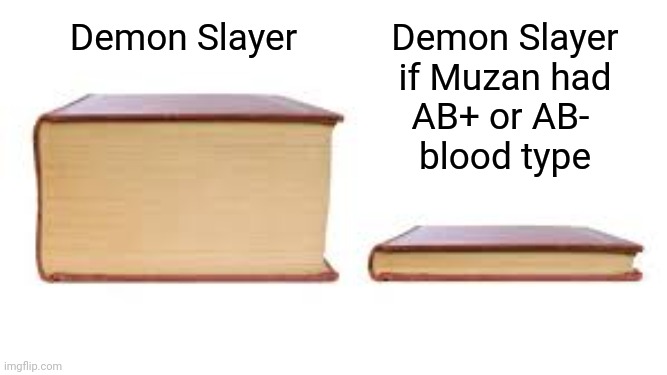 He could only give blood to about 3% of people at most | Demon Slayer
if Muzan had
AB+ or AB- 
blood type; Demon Slayer | image tagged in big book small book,demon slayer,anime | made w/ Imgflip meme maker