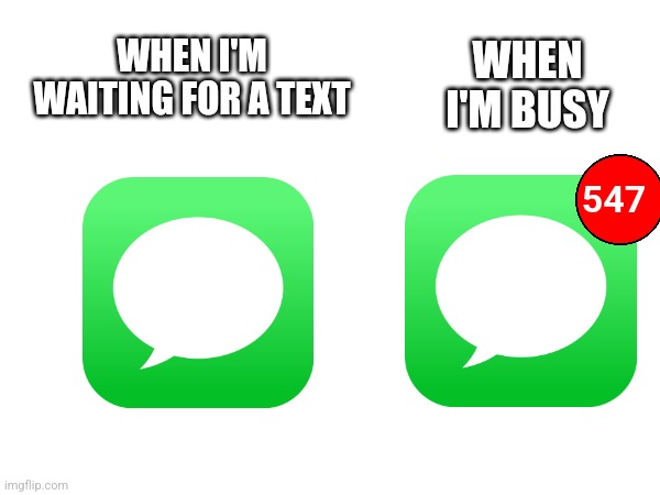 I've been waiting for two days now | WHEN I'M BUSY; WHEN I'M WAITING FOR A TEXT; 547 | image tagged in text messages,texting,text,waiting,spammers,friends | made w/ Imgflip meme maker