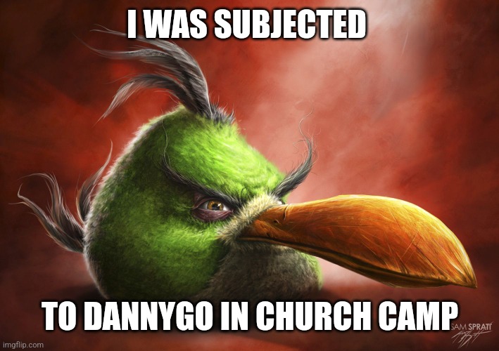 Realistic Angry Bird | I WAS SUBJECTED; TO DANNYGO IN CHURCH CAMP | image tagged in realistic angry bird | made w/ Imgflip meme maker