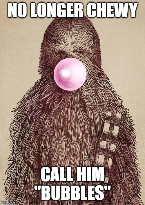 Bubblesbacca | NO LONGER CHEWY; CALL HIM "BUBBLES" | image tagged in chewbacca | made w/ Imgflip meme maker