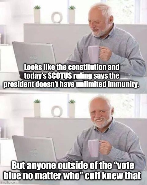 The spin from the left is funny | Looks like the constitution and today’s SCOTUS ruling says the president doesn’t have unlimited immunity. But anyone outside of the “vote blue no matter who” cult knew that | image tagged in memes,hide the pain harold,politics lol,derp | made w/ Imgflip meme maker