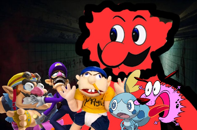 Wario and Friends dies by a Giant Red fuzzy demon Weegee while exploring in a dark hallway at 3AM | image tagged in sketchy hallway,wario dies,pokemon,jeffy,courage the cowardly dog,crossover | made w/ Imgflip meme maker