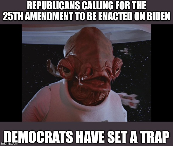 Democrats kill off one of their own while blaming Republicans | REPUBLICANS CALLING FOR THE 25TH AMENDMENT TO BE ENACTED ON BIDEN; DEMOCRATS HAVE SET A TRAP | image tagged in admiral ackbar its a trap | made w/ Imgflip meme maker