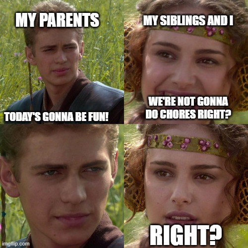 aefghvjmn basdfgvbhnjm | MY SIBLINGS AND I; MY PARENTS; TODAY'S GONNA BE FUN! WE'RE NOT GONNA DO CHORES RIGHT? RIGHT? | image tagged in anakin padme 4 panel | made w/ Imgflip meme maker