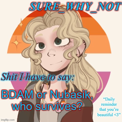 first to two votes survives | BDAM or Nubasik, who survives? | image tagged in swn announcement template version 2 | made w/ Imgflip meme maker