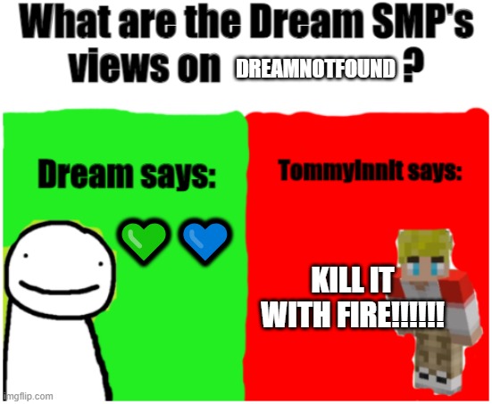 Bro they are REAL people! | DREAMNOTFOUND; 💚💙; KILL IT WITH FIRE!!!!!! | image tagged in views of the dsmp,memes,minecraft,dream smp,dream,tommyinnit | made w/ Imgflip meme maker