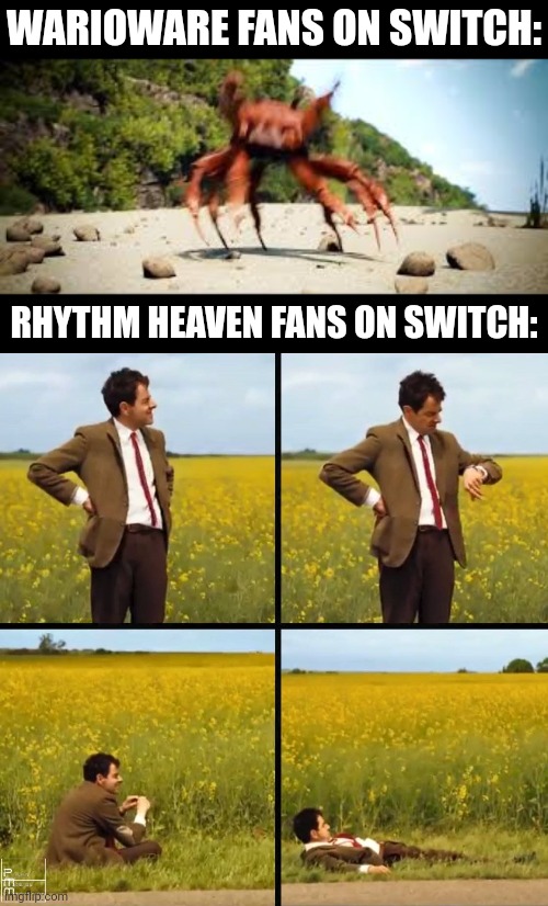 WARIOWARE FANS ON SWITCH: RHYTHM HEAVEN FANS ON SWITCH: | image tagged in crab rave,mr bean waiting | made w/ Imgflip meme maker