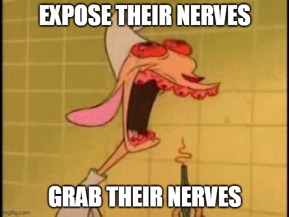 Ren Teeth Roots | EXPOSE THEIR NERVES; GRAB THEIR NERVES | image tagged in ren teeth roots,ren and stimpy,exposed nerve | made w/ Imgflip meme maker