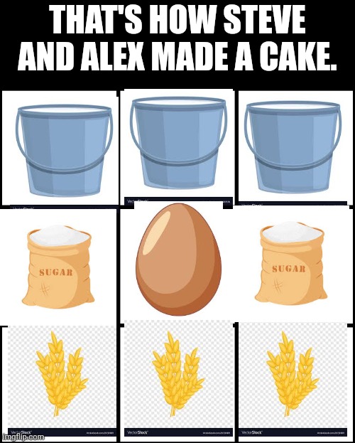 It filled 'em up! | THAT'S HOW STEVE AND ALEX MADE A CAKE. | image tagged in 3x3 grid alignment meme | made w/ Imgflip meme maker