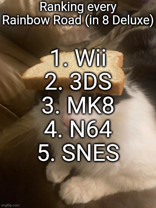150CC | Ranking every Rainbow Road (in 8 Deluxe); 1. Wii
2. 3DS
3. MK8
4. N64
5. SNES | image tagged in bread cat | made w/ Imgflip meme maker