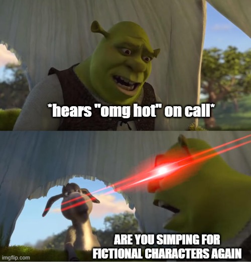 discord call summerised | *hears "omg hot" on call*; ARE YOU SIMPING FOR FICTIONAL CHARACTERS AGAIN | image tagged in shrek for five minutes | made w/ Imgflip meme maker