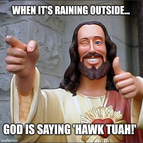 Buddy Christ Meme | WHEN IT'S RAINING OUTSIDE... GOD IS SAYING 'HAWK TUAH!' | image tagged in memes,buddy christ | made w/ Imgflip meme maker