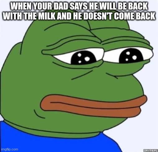 sad frog | WHEN YOUR DAD SAYS HE WILL BE BACK WITH THE MILK AND HE DOESN'T COME BACK | image tagged in sad frog | made w/ Imgflip meme maker