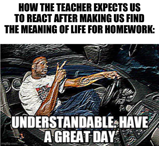 Dig to the center of the earth for my homework? Sure, why not. | HOW THE TEACHER EXPECTS US TO REACT AFTER MAKING US FIND THE MEANING OF LIFE FOR HOMEWORK: | image tagged in understandable have a great day,school,teacher,memes,funny,school sucks | made w/ Imgflip meme maker