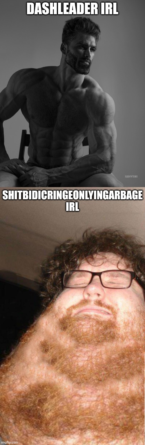 DASHLEADER IRL SHITBIDICRINGEONLYINGARBAGE IRL | image tagged in giga chad,obese neckbearded dude | made w/ Imgflip meme maker