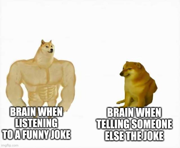 wh-wha-we-why uh do-did the road cross the chicken FU | BRAIN WHEN LISTENING TO A FUNNY JOKE; BRAIN WHEN TELLING SOMEONE ELSE THE JOKE | image tagged in strong dog vs weak dog | made w/ Imgflip meme maker