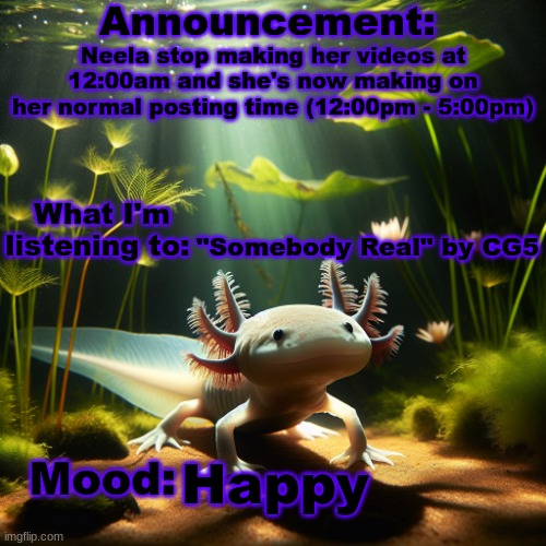 Moonranger Announcement | Neela stop making her videos at 12:00am and she's now making on her normal posting time (12:00pm - 5:00pm); "Somebody Real" by CG5; Happy | image tagged in moonranger announcement,neela jolene | made w/ Imgflip meme maker