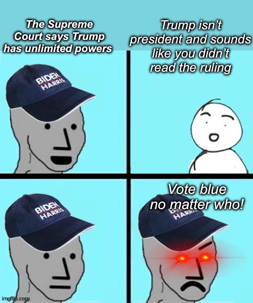 You don’t have to be smart to be a parrot | Trump isn’t president and sounds like you didn’t  read the ruling; The Supreme Court says Trump has unlimited powers; Vote blue no matter who! | image tagged in blue hat npc,politics lol,memes,progressives | made w/ Imgflip meme maker