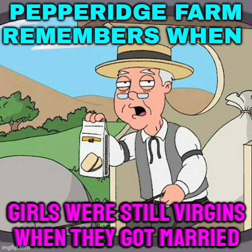 Pepperidge Farm Remembers When Girls Were Still Virgins When They Got Married | PEPPERIDGE FARM
REMEMBERS WHEN; GIRLS WERE STILL VIRGINS
WHEN THEY GOT MARRIED | image tagged in memes,pepperidge farm remembers,virginity,virginia,sex,marriage | made w/ Imgflip meme maker