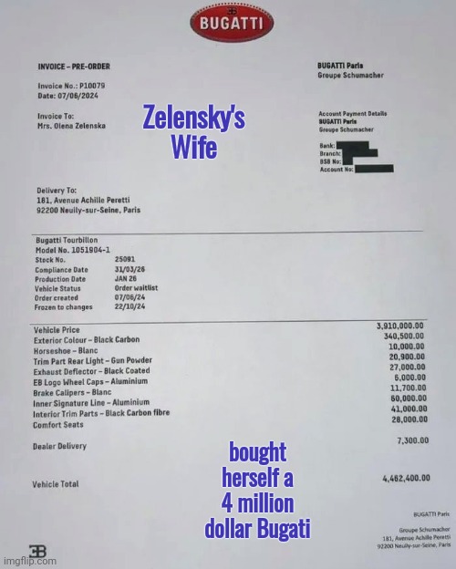 The Filthy Rich | Zelensky's Wife; bought herself a 4 million dollar Bugati | image tagged in foreign aid,well yes but actually no,arrogant rich man,you're welcome,government corruption,politicians suck | made w/ Imgflip meme maker