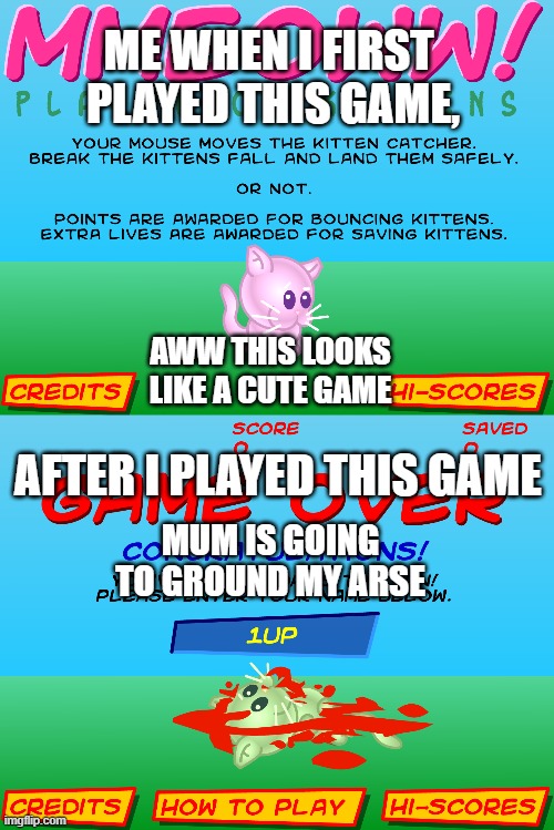 Meooow Plague of kittens had six year old me fooled well. | ME WHEN I FIRST 
PLAYED THIS GAME, AWW THIS LOOKS LIKE A CUTE GAME; AFTER I PLAYED THIS GAME; MUM IS GOING TO GROUND MY ARSE | image tagged in kitten,online game,bloody,nsfw | made w/ Imgflip meme maker