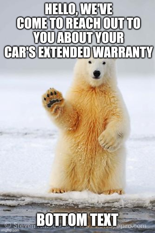 U can't escape me | HELLO, WE'VE COME TO REACH OUT TO YOU ABOUT YOUR CAR'S EXTENDED WARRANTY; BOTTOM TEXT | image tagged in polar bear,this is the irs | made w/ Imgflip meme maker
