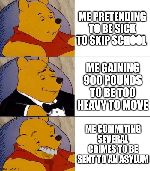 Winnie the arsenist | ME PRETENDING TO BE SICK TO SKIP SCHOOL; ME GAINING 900 POUNDS TO BE TOO HEAVY TO MOVE; ME COMMITING SEVERAL CRIMES TO BE SENT TO AN ASYLUM | image tagged in winnie the pooh,skipping school,wtf | made w/ Imgflip meme maker