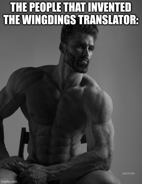 Giga Chad | THE PEOPLE THAT INVENTED THE WINGDINGS TRANSLATOR: | image tagged in giga chad | made w/ Imgflip meme maker