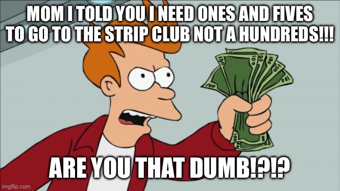 Shut Up And Take My Money Fry | MOM I TOLD YOU I NEED ONES AND FIVES TO GO TO THE STRIP CLUB NOT A HUNDREDS!!! ARE YOU THAT DUMB!?!? | image tagged in memes,shut up and take my money fry | made w/ Imgflip meme maker