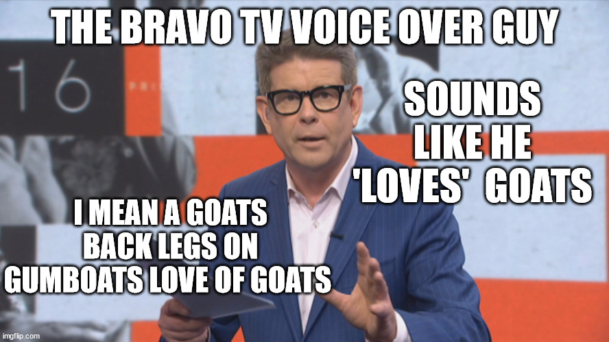 BRAVO TV | THE BRAVO TV VOICE OVER GUY; SOUNDS LIKE HE 'LOVES'  GOATS; I MEAN A GOATS BACK LEGS ON GUMBOATS LOVE OF GOATS | image tagged in same voice actor,new zealand,closeted gay,radio,television | made w/ Imgflip meme maker