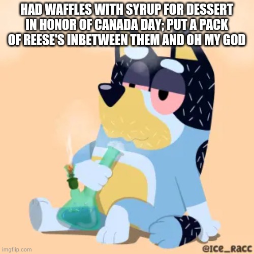 NO BECAUSE LIKE THE EGGO WAFFLE CAME ON | HAD WAFFLES WITH SYRUP FOR DESSERT IN HONOR OF CANADA DAY; PUT A PACK OF REESE'S INBETWEEN THEM AND OH MY GOD | made w/ Imgflip meme maker