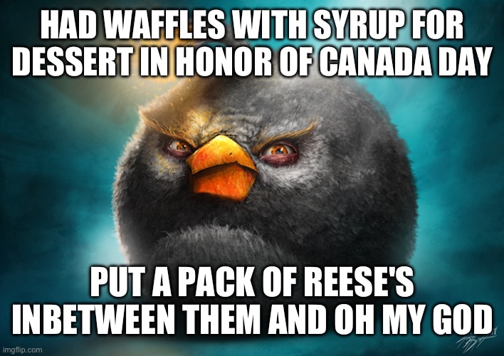 Realistic Bomb Angry Bird | HAD WAFFLES WITH SYRUP FOR DESSERT IN HONOR OF CANADA DAY; PUT A PACK OF REESE'S INBETWEEN THEM AND OH MY GOD | image tagged in realistic bomb angry bird | made w/ Imgflip meme maker