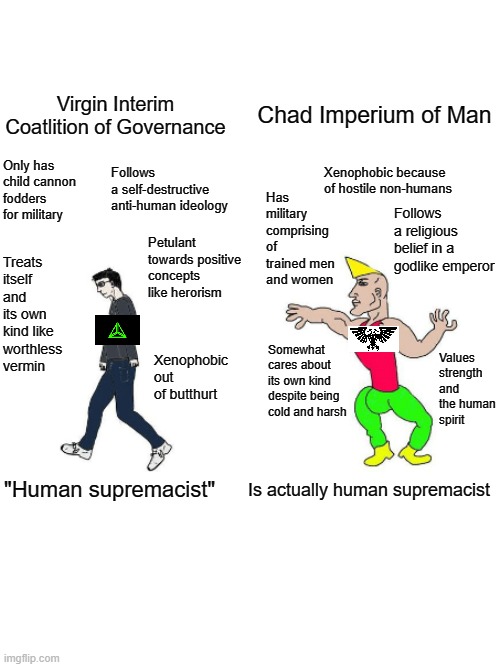 Virgin ICoG vs Chad IoM | Chad Imperium of Man; Virgin Interim Coatlition of Governance; Follows a self-destructive anti-human ideology; Only has child cannon fodders for military; Xenophobic because of hostile non-humans; Has military comprising of trained men and women; Follows a religious belief in a godlike emperor; Petulant towards positive concepts like herorism; Treats itself and its own kind like worthless vermin; Values strength and the human spirit; Somewhat cares about its own kind despite being cold and harsh; Xenophobic out of butthurt; "Human supremacist"; Is actually human supremacist | image tagged in virgin vs chad,warhammer40k | made w/ Imgflip meme maker