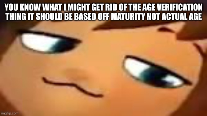 smug hat kid.mp4 | YOU KNOW WHAT I MIGHT GET RID OF THE AGE VERIFICATION THING IT SHOULD BE BASED OFF MATURITY NOT ACTUAL AGE | image tagged in smug hat kid mp4 | made w/ Imgflip meme maker